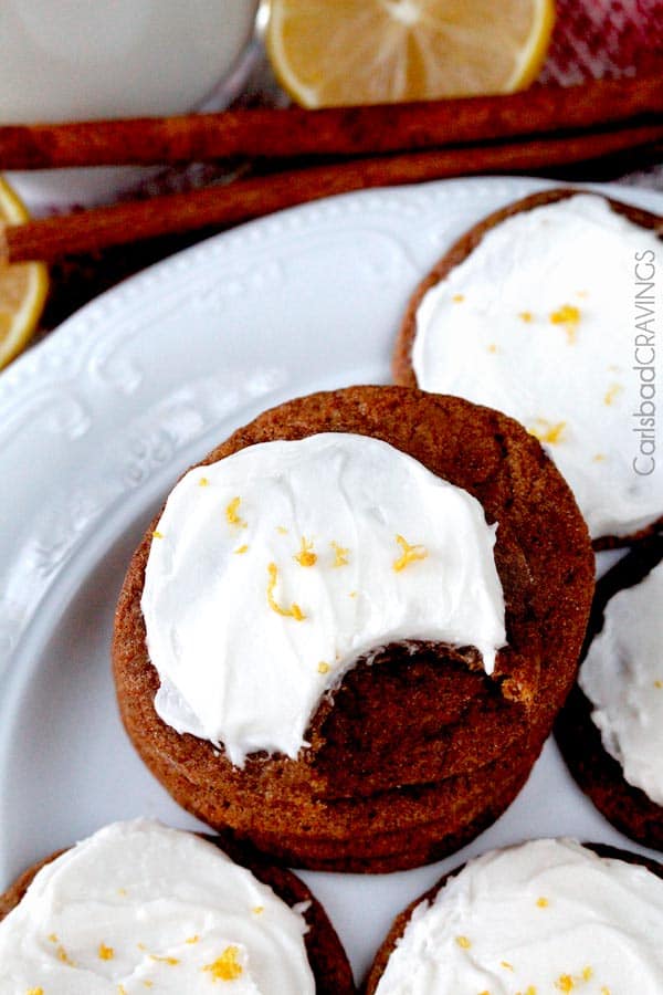 Soft and chewy gingersnap cookies with lemon buttercream frosting