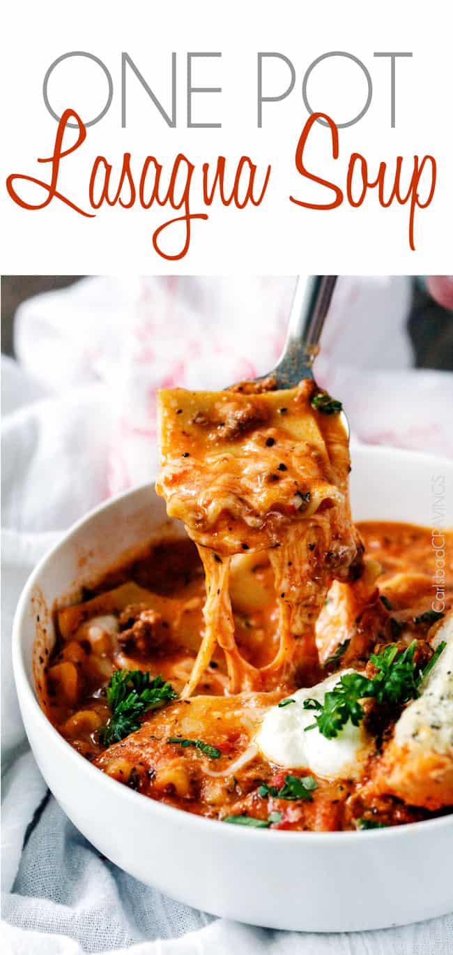 Easy One Pot Lasagna Soup tastes just like lasagna without all the layering or dishes! Simply brown your beef and dump in all ingredients and simmer away!