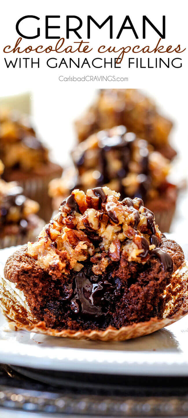 German Chocolate Cupcakes with silky Chocolate Ganache Filling 