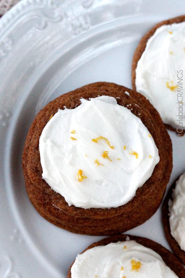 Soft and chewy gingersnap cookies with lemon buttercream frosting