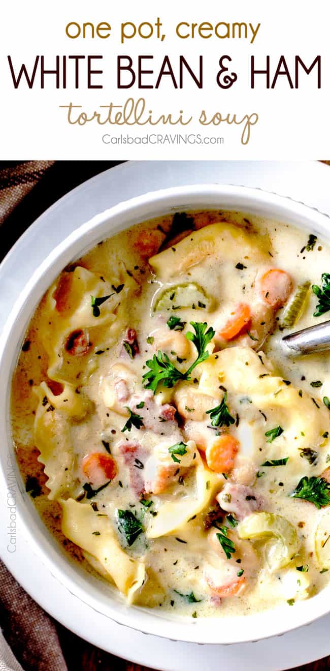 hearty, cozy, Creamy Ham, White Bean Tortellini Soup simmered with onions, carrots, celery and seasonings is SO easy and lick your bowl delicious! love the addition of cheesy tortellini!
